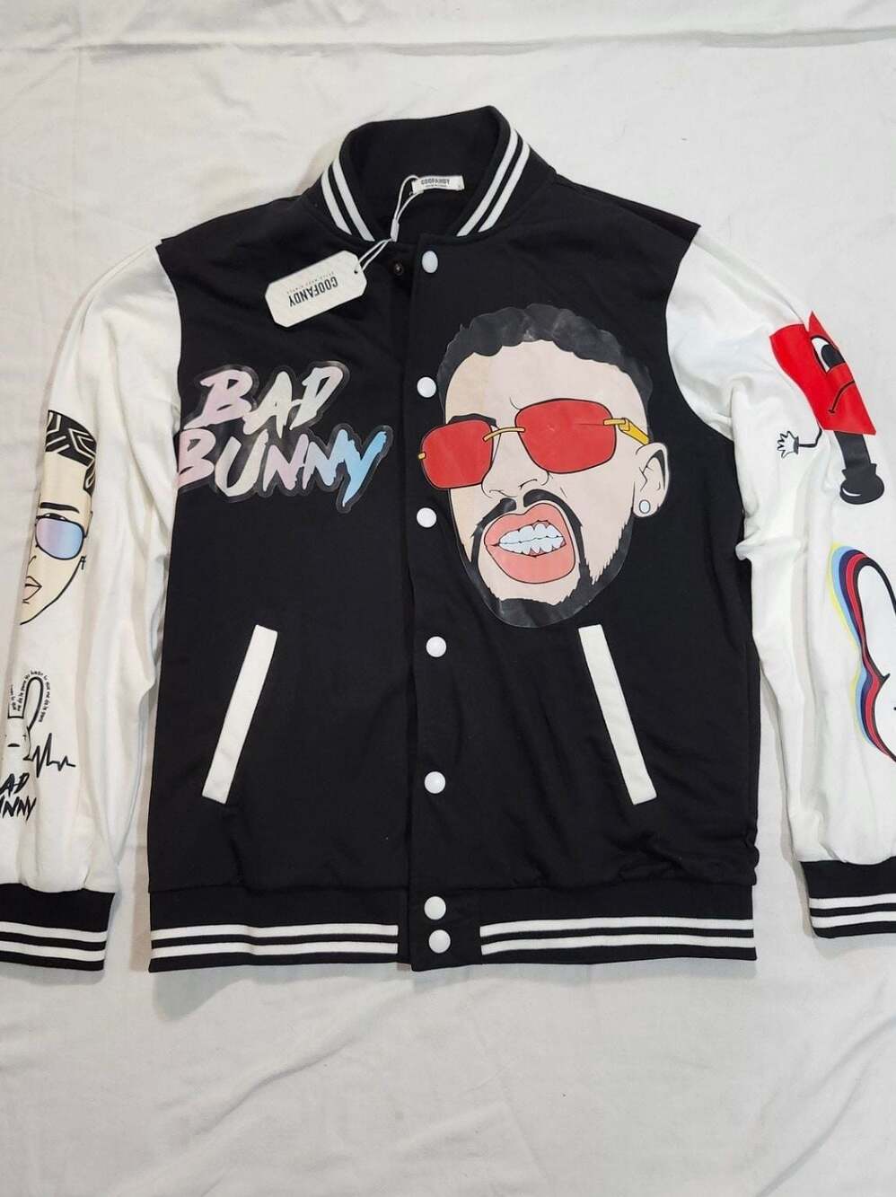 COOFANDY Bad Bunny Graphic Print Varsity Jacket Black White Size L